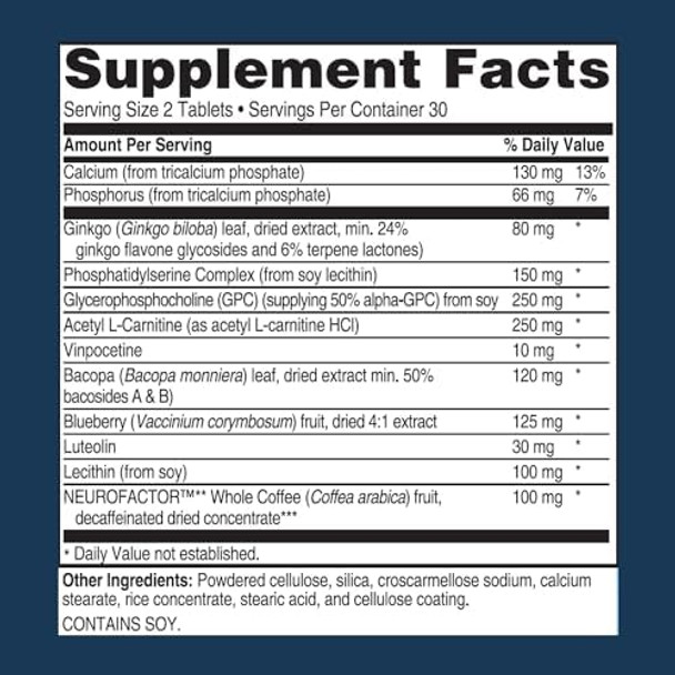 Advanced Bionutritionals Advanced Memory Formula, Brain Booster Supplement For Memory And Focus, Acetylcholine, Alpha-Gpc, Neurofactor, Manufactured In The Usa, 60 Tablets