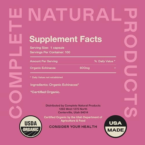 Complete Natural Products Organic Ecea Root Capsules & Purpurea Root Dried Powder Extract - 600Mg 100 Veggie Pills Healthy Herbal Support