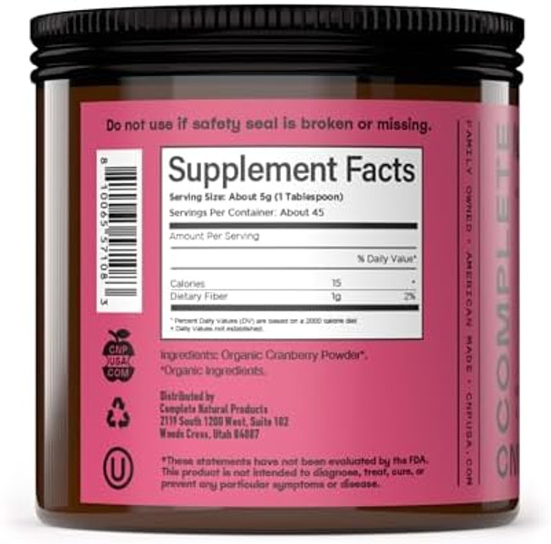 Complete Natural Products Organic Cranberry Powder - 8Oz Pure & Natural Antioxidant Supplement, Glass Jar