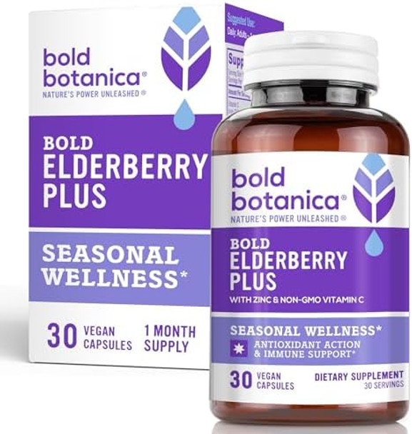 Bold Botanica Elderberry Plus - 65X Concentrated Black Elderberry Extract With Zinc & Vitamin C For Daily Immune Support & Seasonal Wellness - Non-Gmo, 30 Vegan Capsules