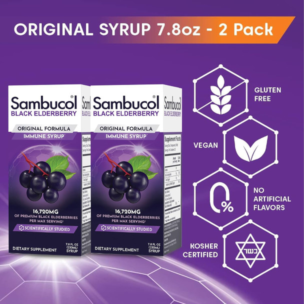 Sambucol Black Elderberry Syrup - Sambucus Syrup, Black Elderberry Liquid, Immune Support For Kids And Adults, High Antioxidants, Gluten - Original Formula, 7.8 Fl Oz, 2-Pack