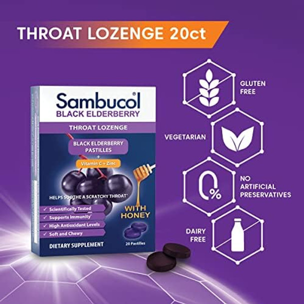 Sambucol Black Elderberry Throat Lozenge - With Honey, Vitamin C & Zinc, Elderberry Lozenges Sore Throat & Cough, Soothes Scratchy Throat, Supports Immunity, Soft & Chewy - 20 Count, 2-Pack