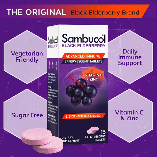 Sambucol Black Elderberry Effervescent Tablets - Elderberry With Zinc And Vitamin C For Adults, Elderberry Dissolving Tablets, Berries - 15 Count