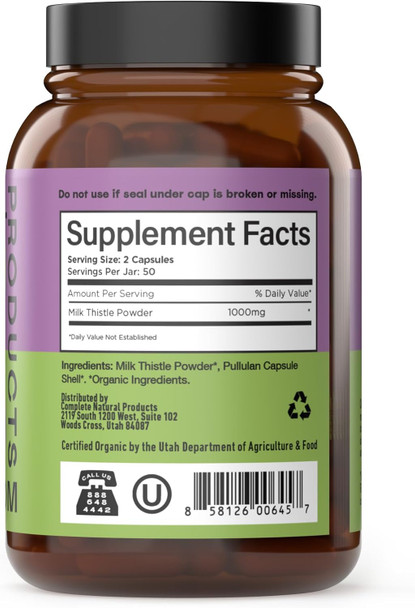 Complete Natural Products Pure Organic Milk Thistle Capsules - 500 Mg Silymarin Powder 100 Pills