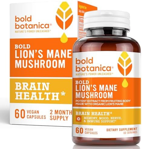 Bold Botanica Lion’S Mane Mushroom Capsules  100% Fruiting Body  Concentrated Organic Lion’S Mane Extracts  Nootropic Brain Health Memory Mood Immune Support  60 Vegan Capsules