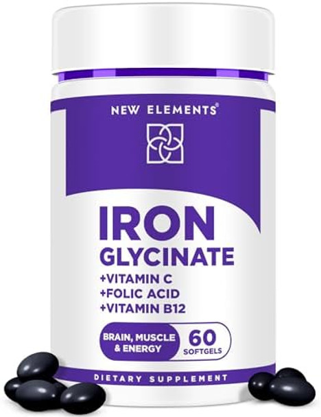 Elements Iron Glycinate 50Mg With Vitamin C, Folic Acid & B12 Advanced Iron Supplement For Anemia Relief, Energy Boost & Immune Support Gentle On Stomach, Fast Absorption Natural Softgels For Women & Men