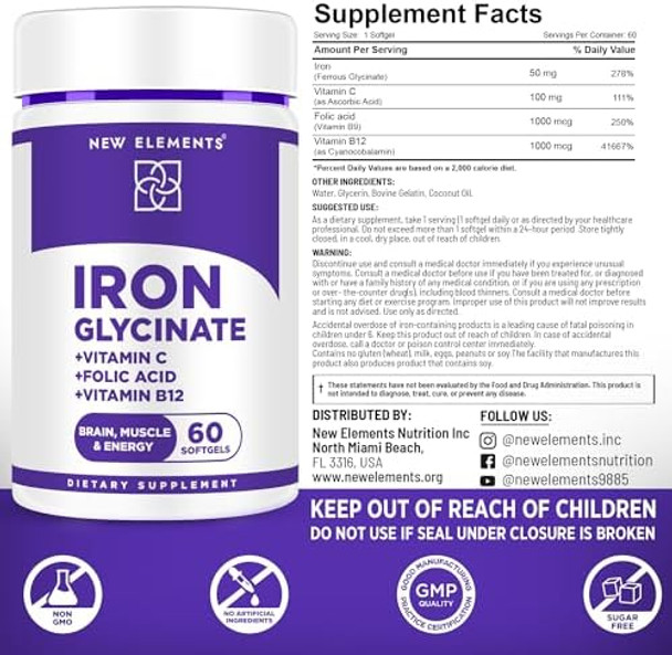 Elements Iron Glycinate 50Mg With Vitamin C, Folic Acid & B12 Advanced Iron Supplement For Anemia Relief, Energy Boost & Immune Support Gentle On Stomach, Fast Absorption Natural Softgels For Women & Men