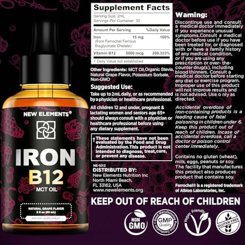 Elements Liquid Iron Supplement For Women & Men With Vitamin B12 5000Mcg - Blood Builder For Anemia - Liquid Vitamin B12 Drops For Adults With Mct Oil, Natural Grape Flavor, 2 Fl Oz