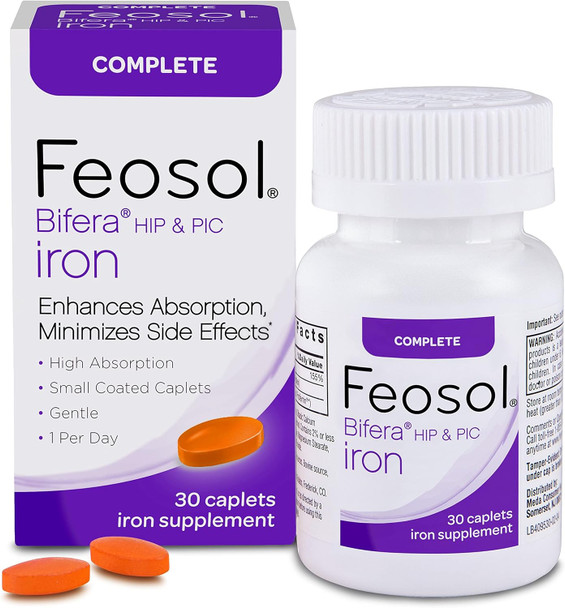 Feosol Complete Iron Supplement Caplets, Bifera Iron For High Absorption, Heme And Non-Heme Dual Action Minimizes , 1 Per Day, For Energy And Immune System Support, Made In Usa, 30 Count