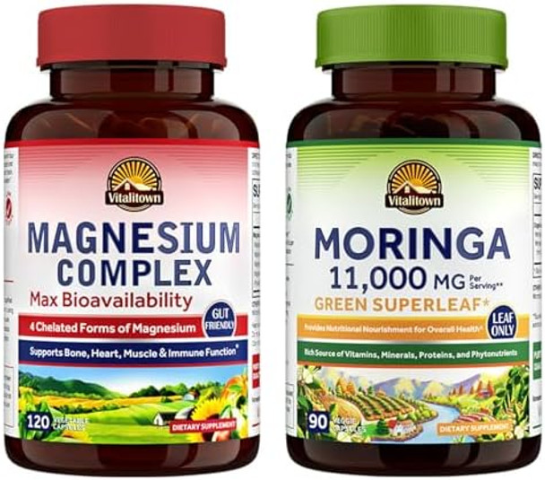 Vitalitown Magnesium + Moringa Bundle (Pack Of 2) Magnesium Complex (Item 1) & Moringa (Item 2) 120 Magnesium Capsules & 90 Moringa Capsules