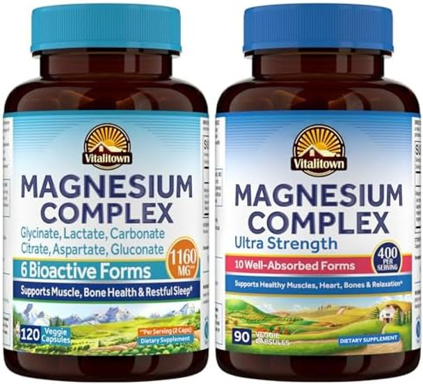 Vitalitown Magnesium Bundle (Pack Of 2) 6-In-1 & 10-In-1 Magnesium Complex For Bone, Heart & Muscle Magnesium Glycinate, Magnesium Citrate 120 & 90 Capsules