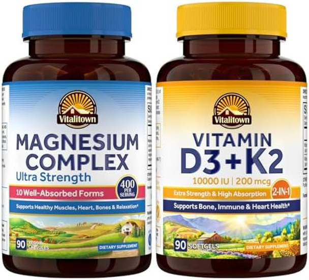 Vitalitown Ultra Magnesium & Vitamin D3 K2 Bundle (Pack Of 2) 10 In 1 Magnesium Complex & 10000 Iu D3, Mk-7 For Bone Muscle Heart Sleep Teeth & Immune 90 Mag Capsules & 90 D3 Softgels Vitalitown Ultra Magnesium & Vitamin D3 K2 Bundle (Pack Of 2) 10 In 1 Magnesium Complex & 10000 Iu D3, Mk-7 For Bone Muscle Heart Sleep Teeth & Immune 90 Mag Capsules & 90 D3 Softgels