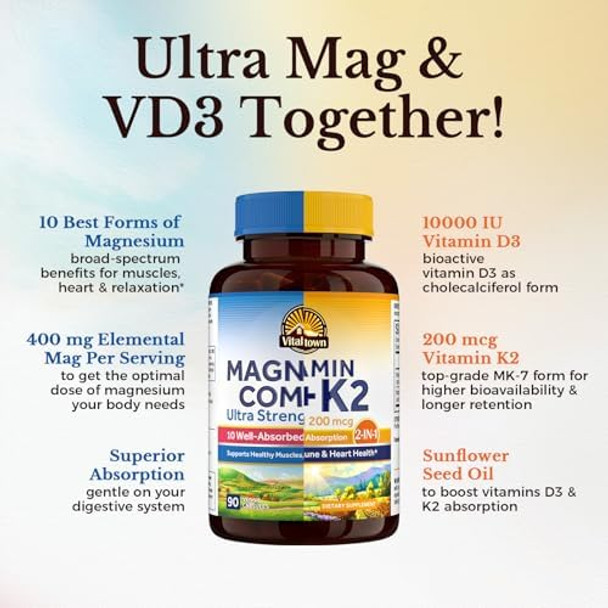 Vitalitown Ultra Magnesium & Vitamin D3 K2 Bundle (Pack Of 2) 10 In 1 Magnesium Complex & 10000 Iu D3, Mk-7 For Bone Muscle Heart Sleep Teeth & Immune 90 Mag Capsules & 90 D3 Softgels Vitalitown Ultra Magnesium & Vitamin D3 K2 Bundle (Pack Of 2) 10 In 1 Magnesium Complex & 10000 Iu D3, Mk-7 For Bone Muscle Heart Sleep Teeth & Immune 90 Mag Capsules & 90 D3 Softgels