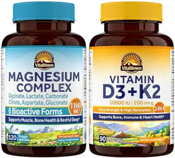 Vitalitown 6-In-1 Magnesium Complex & Vitamin D3 K2 Bundle (Pack Of 2) For Digestive, Bone, Heart, Immune Health Magnesium Glycinate, 10000Iu D3, Mk-7 120 Mag Caps & 90 D3 Softgel