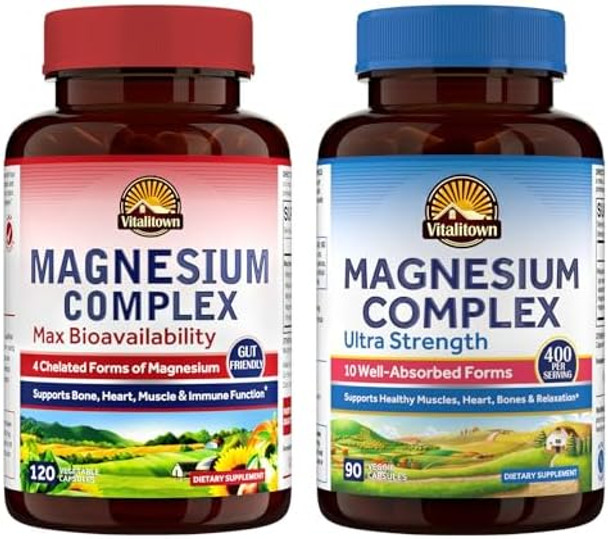 Vitalitown Ultimate Magnesium Bundle (Pack Of 2) Magnesium 4-In-1 Complex (Item 1) & Magnesium 10-In-1 Complex (Item 2) 120 + 90 Capsules