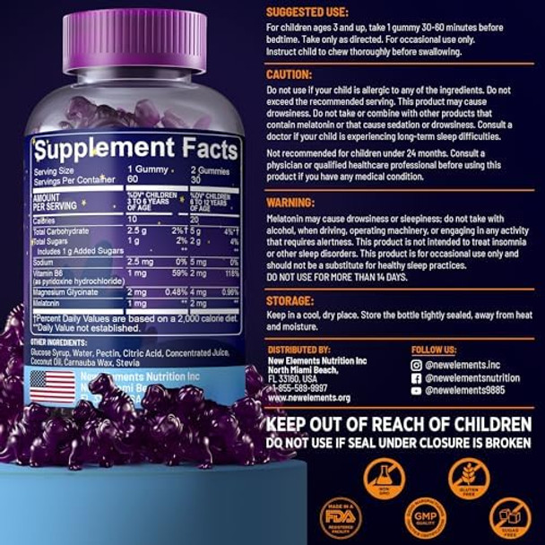 Elements Melatonin Gummies Kids 2Mg With Magnesium Glycinate & Vitamin B6 Sleep Gummies For Kids Dinosaur-Shaped Sleep Support Natural Grape Flavor Sugar Non-Gmo Gluten