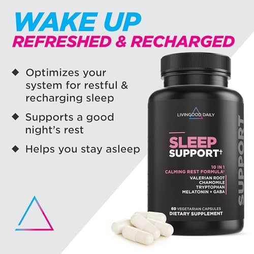 Livingood Daily Sleep Support Supplement, 10-In-1 Natural Sleep Aid With 5 Mg Melatonin, Valerian Root, Chamomile, Tryptophan & Gaba For Men & Women, Non Habit Forming, Gluten , Vegan, 60 Capsules