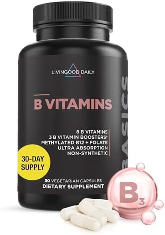 Livingood Daily Vitamin B Complex Capsules For Men And Women, Methylated B12 & Folate, 11 Active Forms Including B1 B2 B3 B5 B6 & Biotin, Gluten , Vegan B Vitamins For Hair Skin Nails, 30 Capsules