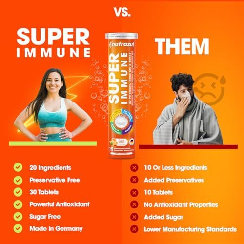 Nutrazul Super Immune 30 Effervescent Tablets Maintains Immune Function & Antioxidant Support 20 Vitamins, Minerals And Herbs Orange Flavour