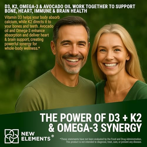 Elements Liquid Vitamin D3 + K2 Drops 10,000 Iu With Omega-3 – High Absorption For Bone, Immune & Heart Support Pure Avocado Oil Base Non-Gmo – 2 Fl Oz (60 Ml)