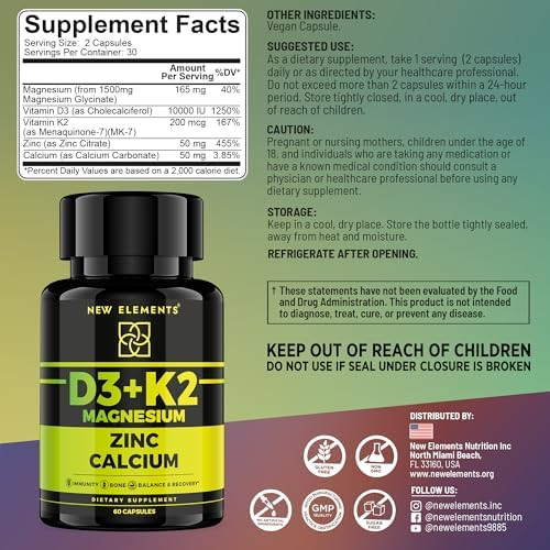 Elements Vitamin D3 K2 With Magnesium Glycinate + Zinc & Calcium Magnesium 1500Mg D3 10,000 Iu K2 (Mk7) 200Mcg Zinc 50Mg Calcium 50Mg Immunity, Bone & Recovery Support – Vegan, Non-Gmo