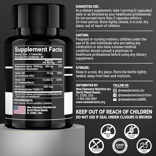 Elements Vitamin D3 K2 With Magnesium Glycinate & Vitamin B6 Magnesium 1500Mg D3 10,000 Iu K2 (Mk7) 200Mcg Vitamin B6 10Mg Maximum Absorption Immunity Heart & Nerve Support Vegan, Non-Gmo