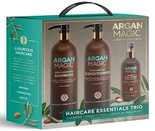 Argan Magic Hair Care Essentials Trio - Shine Boosting Shampoo  Moisturizing Conditioner  10 In 1 Leave In Spray  Restores Shine & Elasticity  Hydrates  Detangles  Made In Usa (32 Oz / 8 Oz) Argan Magic Hair Care Essentials Trio - Shine Boosting Shampoo  Moisturizing Conditioner  10 In 1 Leave In Spray  Restores Shine & Elasticity  Hydrates  Detangles  Made In Usa (32 Oz / 8 Oz)