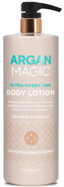 Argan Magic Ultra-Hydrating Coconut & Vanilla Body Lotion With Hyaluronic Acid For Dry Skin - Nourishes Skin Restores Moisture Smooths & Softens  Non-Greasy Formula  Paraben  (32 Oz)