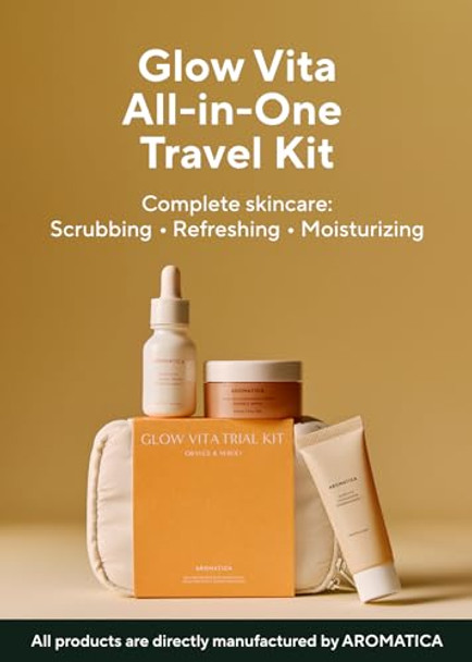 Aromatica Glow Vita Trial Kit - Travel Size Skin Care Set [Vitamin C Serum 0.5 Fl. Oz Facial Scrub 0.5 Fl. Oz Goodnight Cream With Retinol 1Oz] - Travel Kit For Women