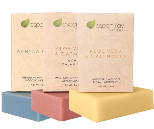 Aspen Kay Naturals Soap Set - Made With Natural And Organic Ingredients. Gentle Soap. 1 Arnica & Mint - 1 Calamine Soap – 1 Calendula Soap - 4.5Oz Bar