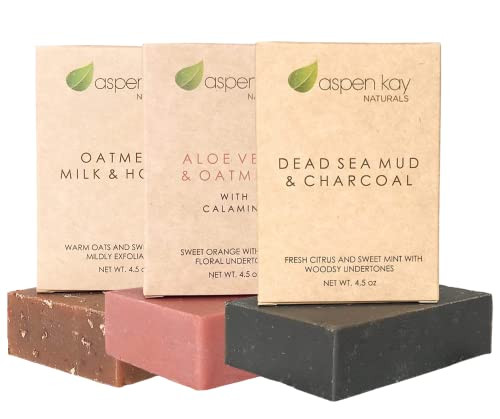 Aspen Kay Naturals Soap Set - Made With Natural And Organic Ingredients. Gentle Soap. 1 Oatmeal Milk & Honey Soap - 1 Calamine Soap - 1 Dead Sea Mud & Charcoal Soap - 4.5Oz Bar