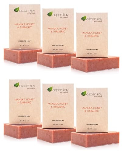 Aspen Kay Naturals Turmeric And Manuka Honey Soap Bar For Body & Face Natural Turmeric Soap With Organic Aloe Vera Shea Butter & Calendula - Gentle For All Skin Types Unscented 4.5 Oz Bar. (6 Unscented)