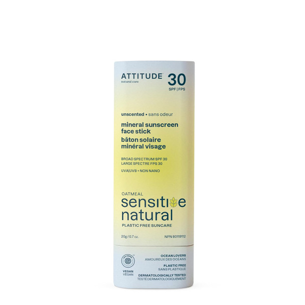 Attitude Mineral Sunscreen Face Stick For Sensitive Skin Spf 30 Ewg Verified Plastic- Broad Spectrum Uva/Uvb Protection With Zinc Oxide Dermatologically Tested Vegan Unscented 0.7 Ounce