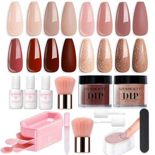 Azurebeauty Dip Nail Kit Starter & Recycling Tray System 4 Colors Skin Nude Brown Glitter Acrylic Dipping Powder Liquid Set With Base/Top Coat Activator