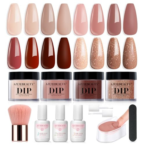 Azurebeauty Dip Nail Kit Starter & Recycling Tray System 4 Colors Skin Nude Brown Glitter Acrylic Dipping Powder Liquid Set With Base/Top Coat Activator