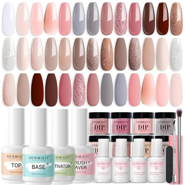 Azurebeauty Nude Pink Dip Powder Nail Kit And 8 Pcs Dip Powder Liquid Set French Nails Art Manicure Diy Salon No Nail Lamp Needed
