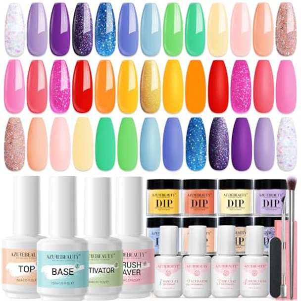 Azurebeauty Summer Bright 20 Colors Dip Powder Nail Kit & 15Ml 8Pcs Dip Powder Liquid Set Base Activator And Top Coat No Nail Lamp Needed