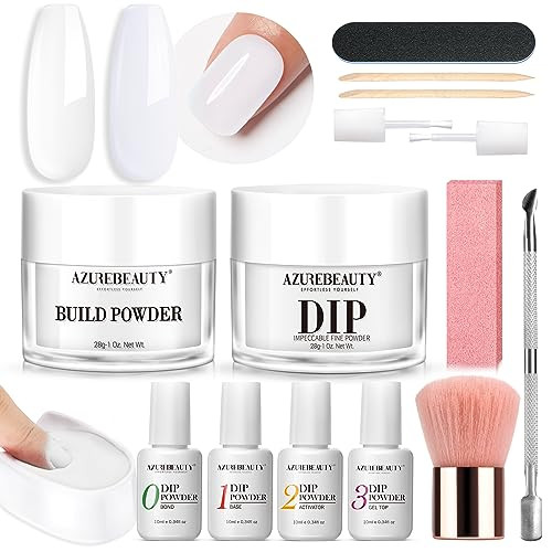 Azurebeauty Clear & White Dip Powder Nail Kit 28G/1Oz 15 Pcs Essential Dipping Build Powder With Basics Dip Powder Liquid Set Top & Base Coat Bond Activator For Beginners Nail Manicure Salon Home