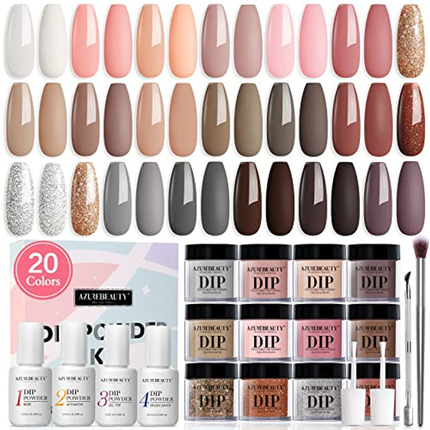 Azurebeauty 20 Colors Dip Powder Nail Kit Starter Azurebeauty Classic Nude Collection Glitter Pink Neutral Chocolate Brown Skin Tone Dipping Powder Liquid Set With Top/Base Coat French Nail Art Manicure Diy