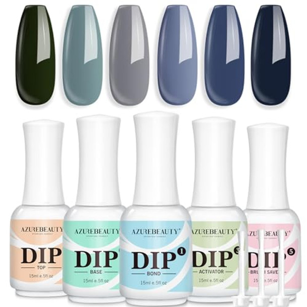 Azurebeauty Dip Powder Nail Set 6 Colors Blue Sage Green Grey Shades & 15Ml 8Pcs Dip Powder Liquid Set With Base & Top Bond Activator Brush Saver Salon Home No Nail Lamp Needed