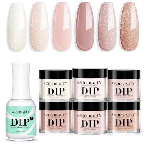Azurebeauty Dip Powder Nail Nude Set Dusty/Light Pink Champagne Shimmery All Seasons 6 Colors Bundle With Base Coat 15Ml
