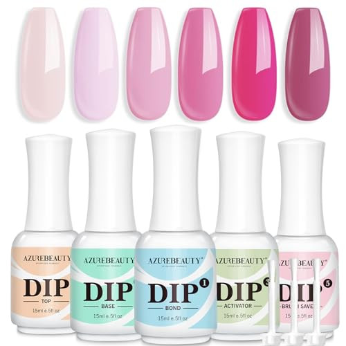 Azurebeauty 6 Colors Light/Hot Pink Dip Powder Nail Set & 15Ml 8Pcs Dip Powder Liquid Set With Base & Top Bond Activator Brush Saver Salon Home No Nail Lamp Needed