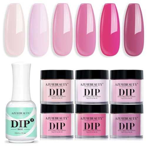 Azurebeauty Pink Dip Powder Nail Set 6 Colors Light/Hot Pink Cherry Blossom Shades Bundle With Base Coat 15Ml