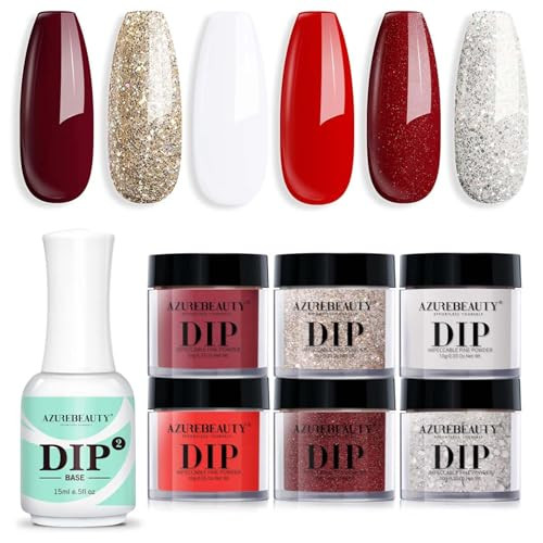 Azurebeauty Dip Powder Nail Set Red Burgundy Rose Berry Sparkle Milky Snow White Silver Glitter 6 Colors Bundle With Base Coat 15Ml