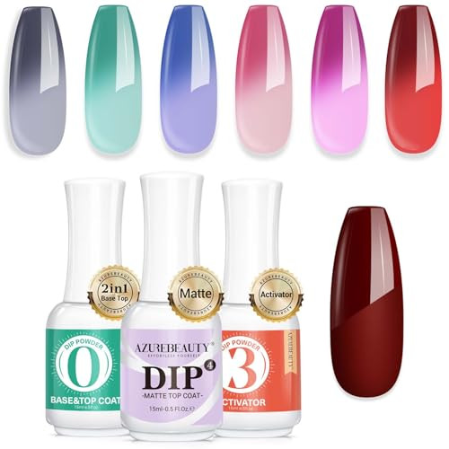 Azurebeauty Color Changing Dip Powder Nail Set Blue Green Pink Red Grey Trend Ombre Cold Warm Temperature Bundle With 3 Pcs Dip Powder Liquid Set Base & Top Coat With Activator & Matte Coat