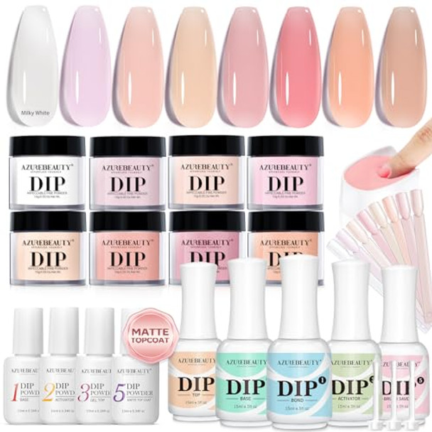 Azurebeauty 8 Colors Jelly Translucent Milky White Sheer Pink Nude Neutral Dip Powder Nail Kit & 15Ml 8Pcs Dip Powder Liquid Set No Nail Lamp Needed