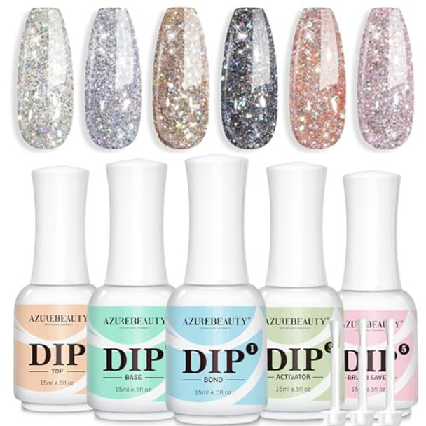 Azurebeauty Silver Pink Black Golden Yellow Glitter Sparkly Shiny Chrome Platinum Dip Powder Nail Set & 15Ml 8Pcs Dip Powder Liquid Set With Base & Top Bond Activator Brush Saver Salon Home No Nail