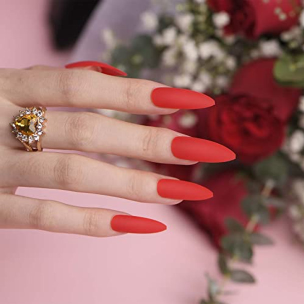 Azurebeauty Press On Nails Long Almond Classic Red Color Fake Nails With Design Pure Color Kit Matte Acrylic False Nail Art Salon For Women Christmas With Glue Stick 24Pcs10 Sizes