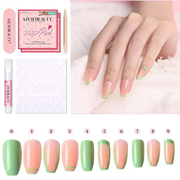 Azurebeauty 24Pcs Medium Length Press On Nails Azurebeauty Short Coffin Fake Nails With Design French Acrylic False Nail Full Cover Art Salon Kit For Women Girls With Glue Stick10 Sizes(Nude Pink&Green)