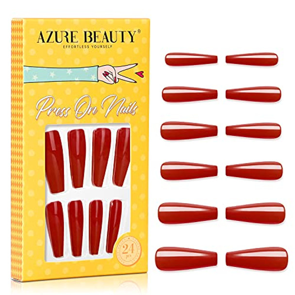 Azurebeauty Extra Long Press On Nails Coffin Ballerina Classic Red Fake Nails Kit Acrylic Stick On Nails For Women And Girls Azurebeauty 24Pcs Reusable False Nails